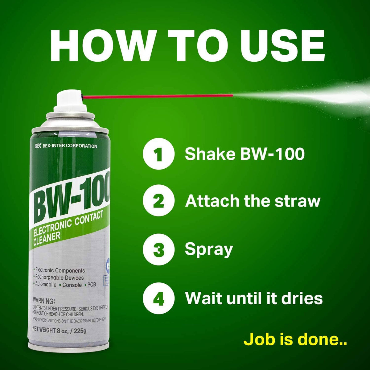 BW-100 electronic contact cleaner aerosol can with green label and white spray cap