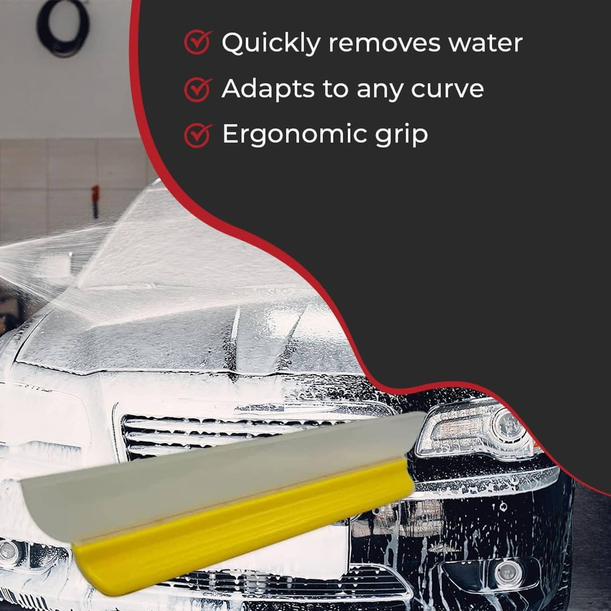 Yellow water blade squeegee head with wide edge for wiping car surfaces