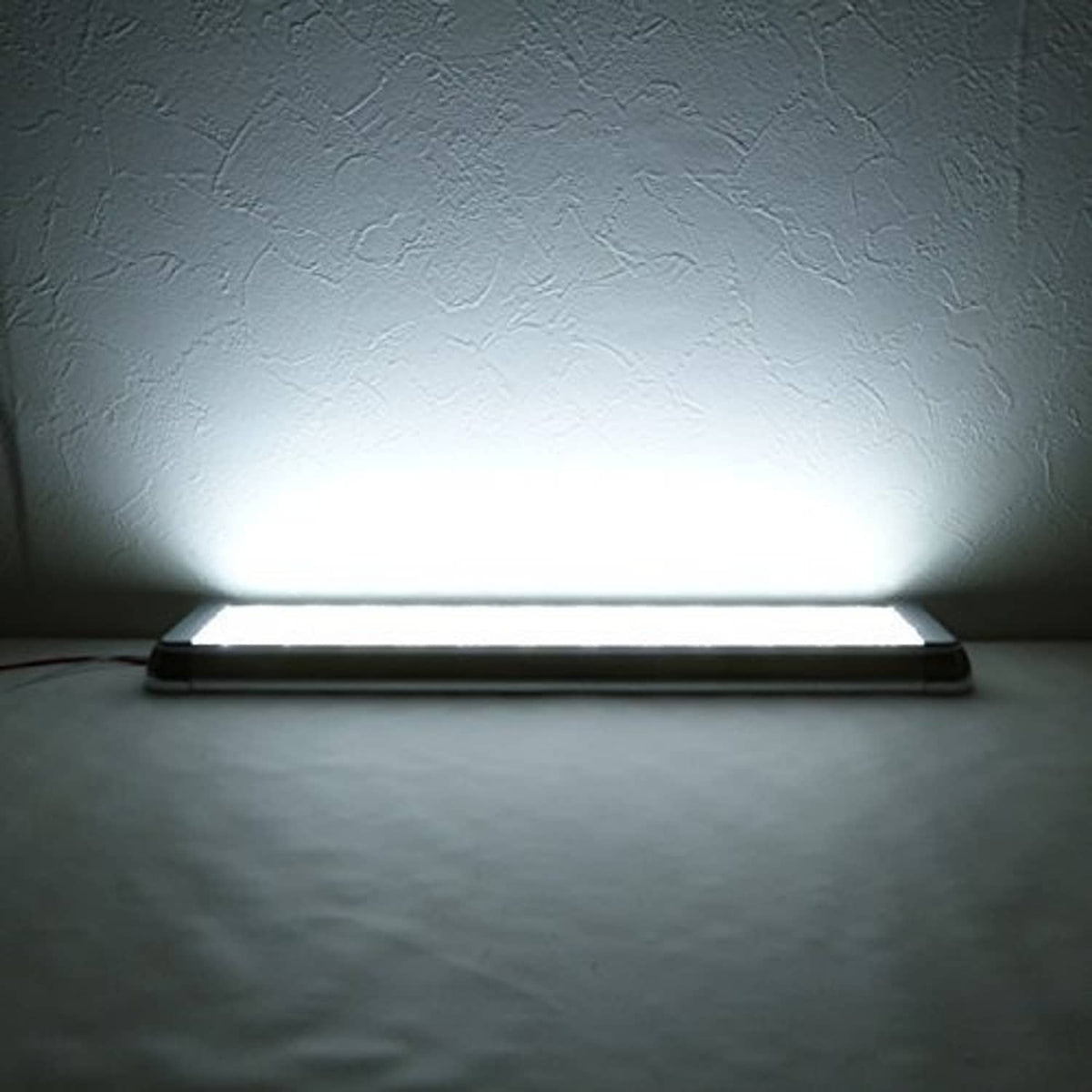 LED dome light fixture illuminating a wall surface with cool-white light
