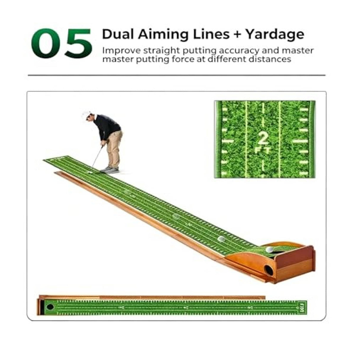 Golf putting mat with straight putting lines on green turf and wooden base