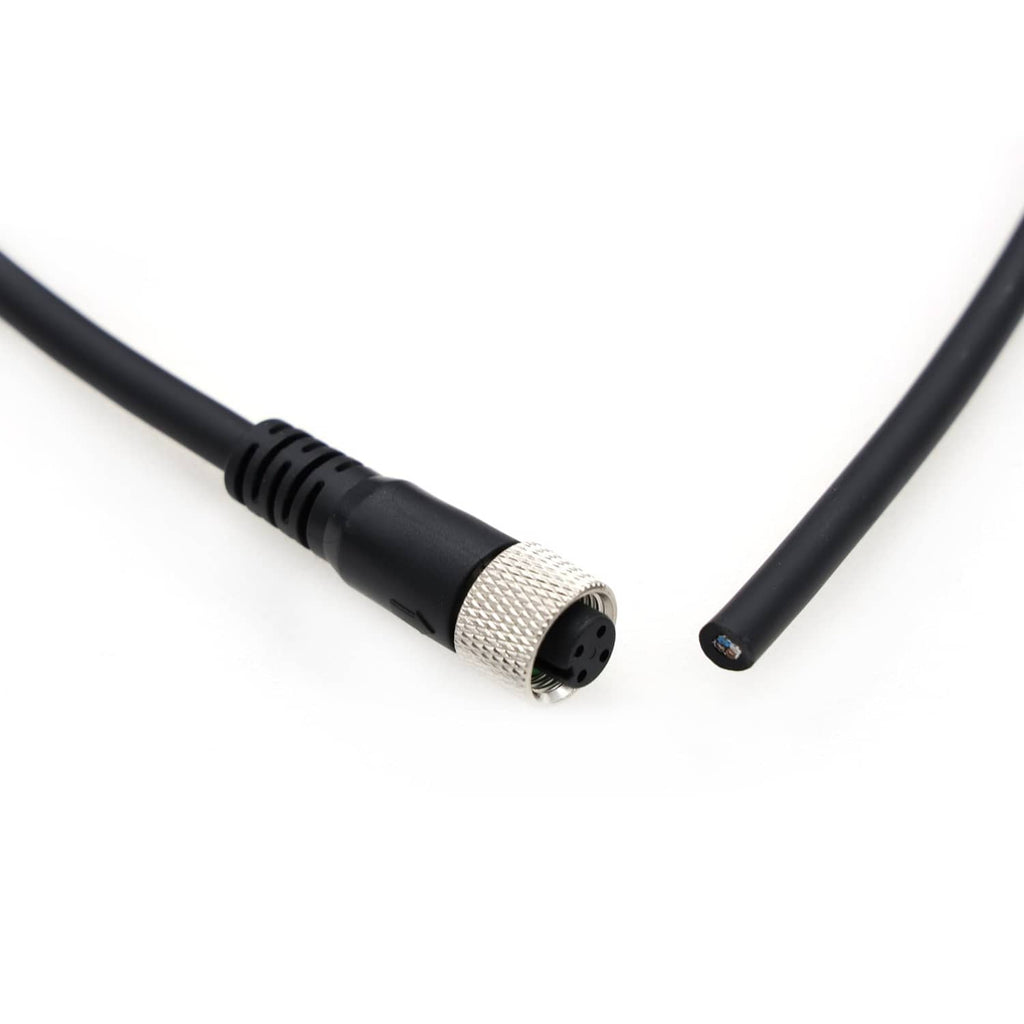 M12 A-code 4-pin female connector on ribbed black cable with metal collar