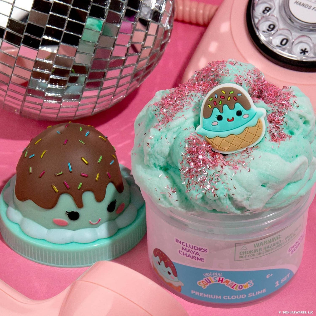 Two teal cloud slime jars with ice-cream character lids and pink silver sprinkle tops
