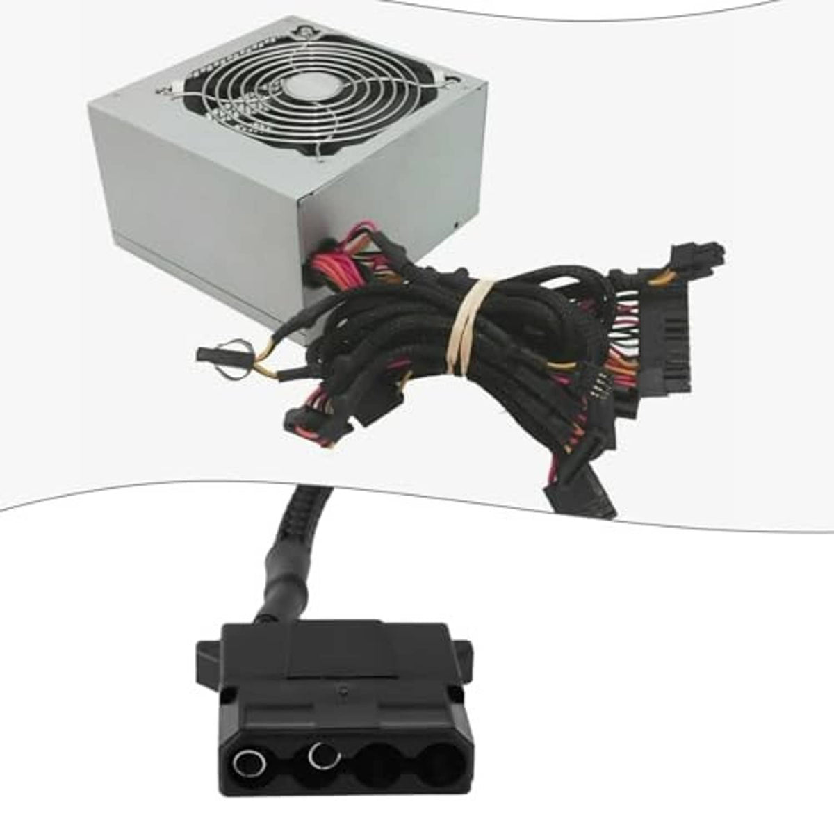 Computer cooler fan power adapter cable with multi-wire fan plug and Molex power end