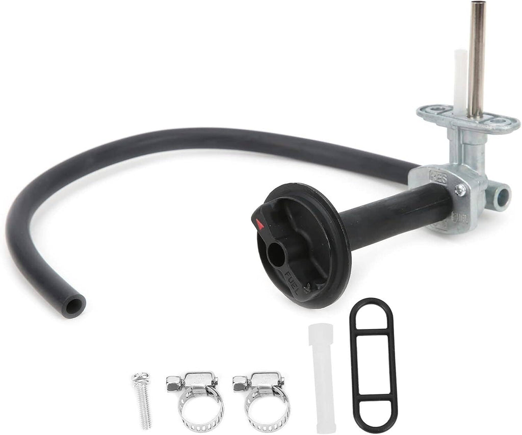 Fuel petcock with black hoses, mounting plate, and included clamps and seal