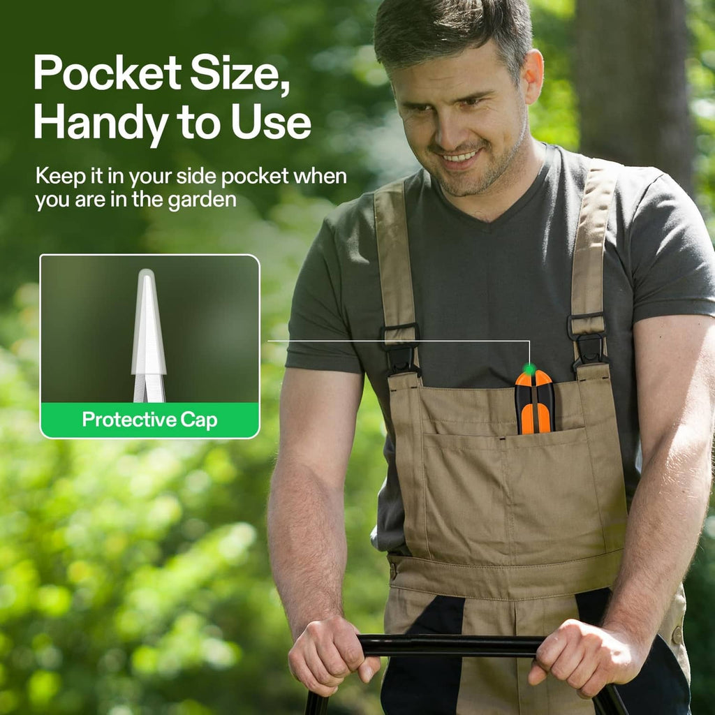 Orange gardening hand pruner with protective cap, compact pocket-size design