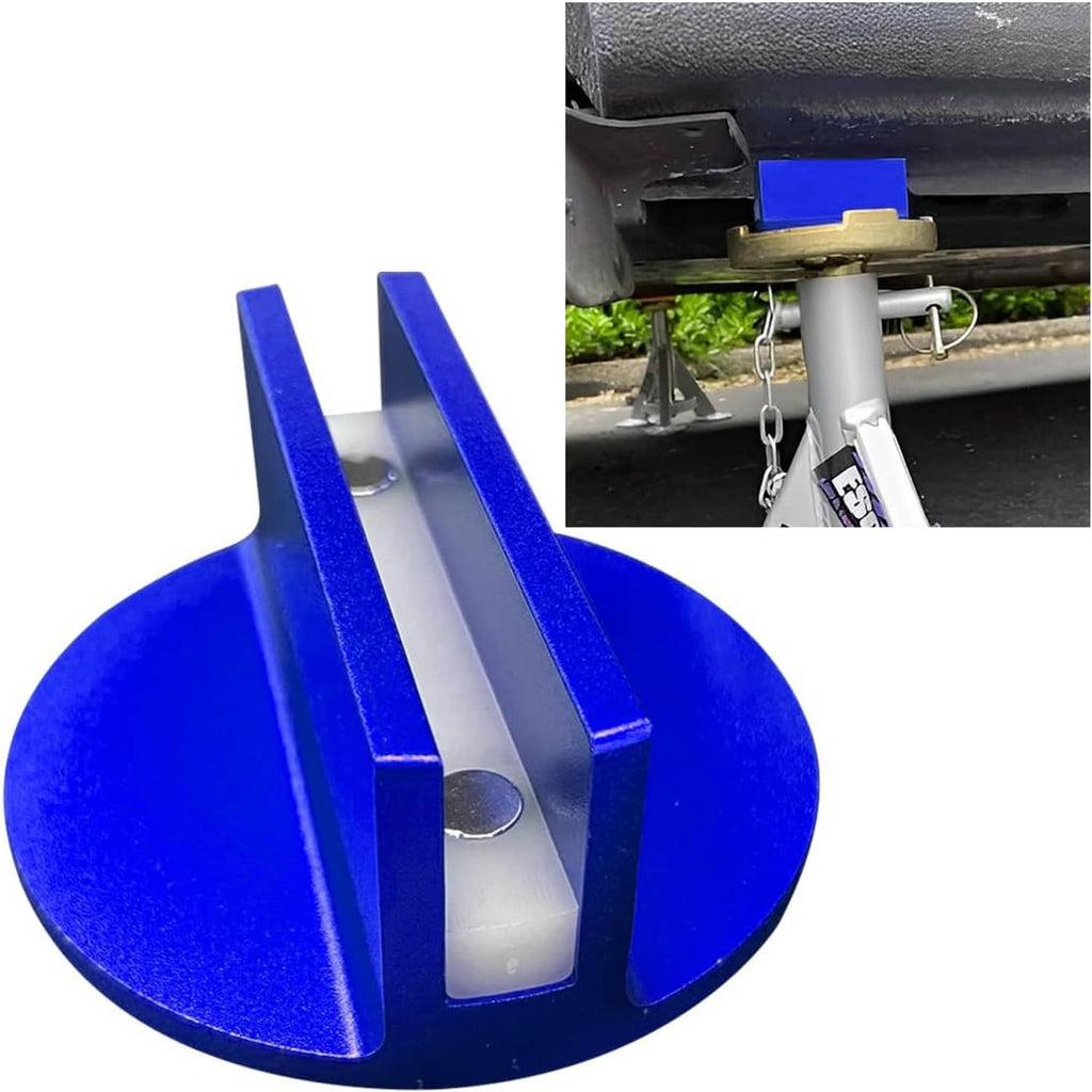 Blue slotted magnetic jack pad puck with metal insert; inset shows jack lifting a vehicle