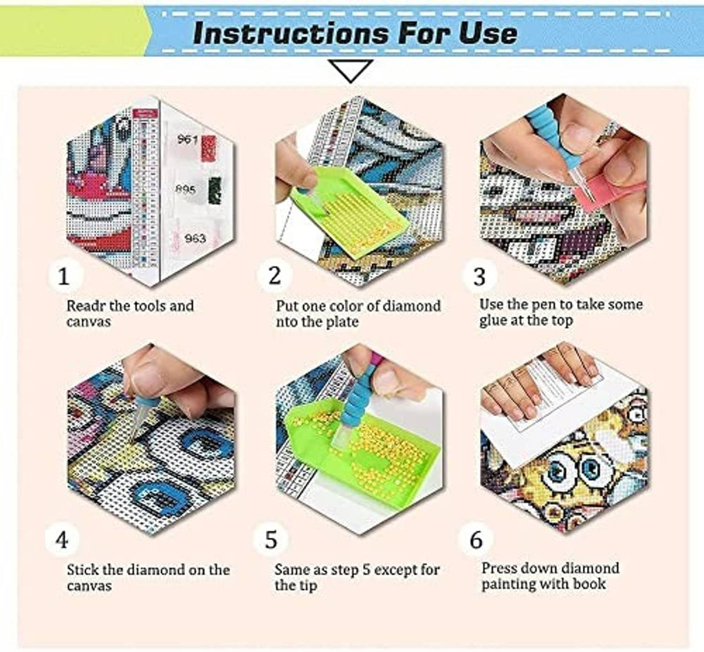 Diamond painting instruction sheet with step-by-step photos for placing round diamonds