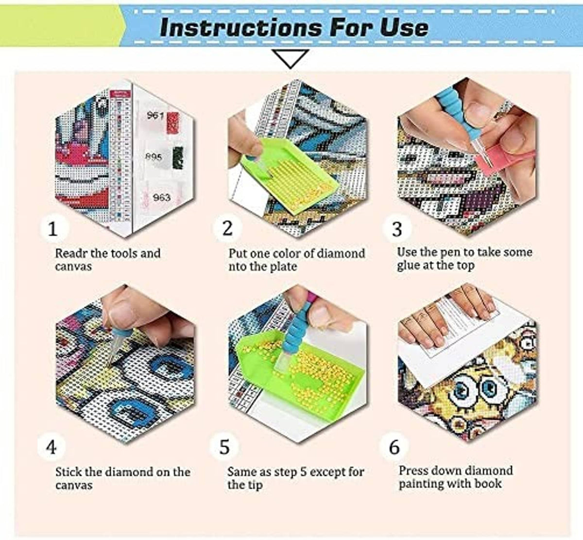 Diamond painting instruction sheet with step-by-step photos for placing round diamonds