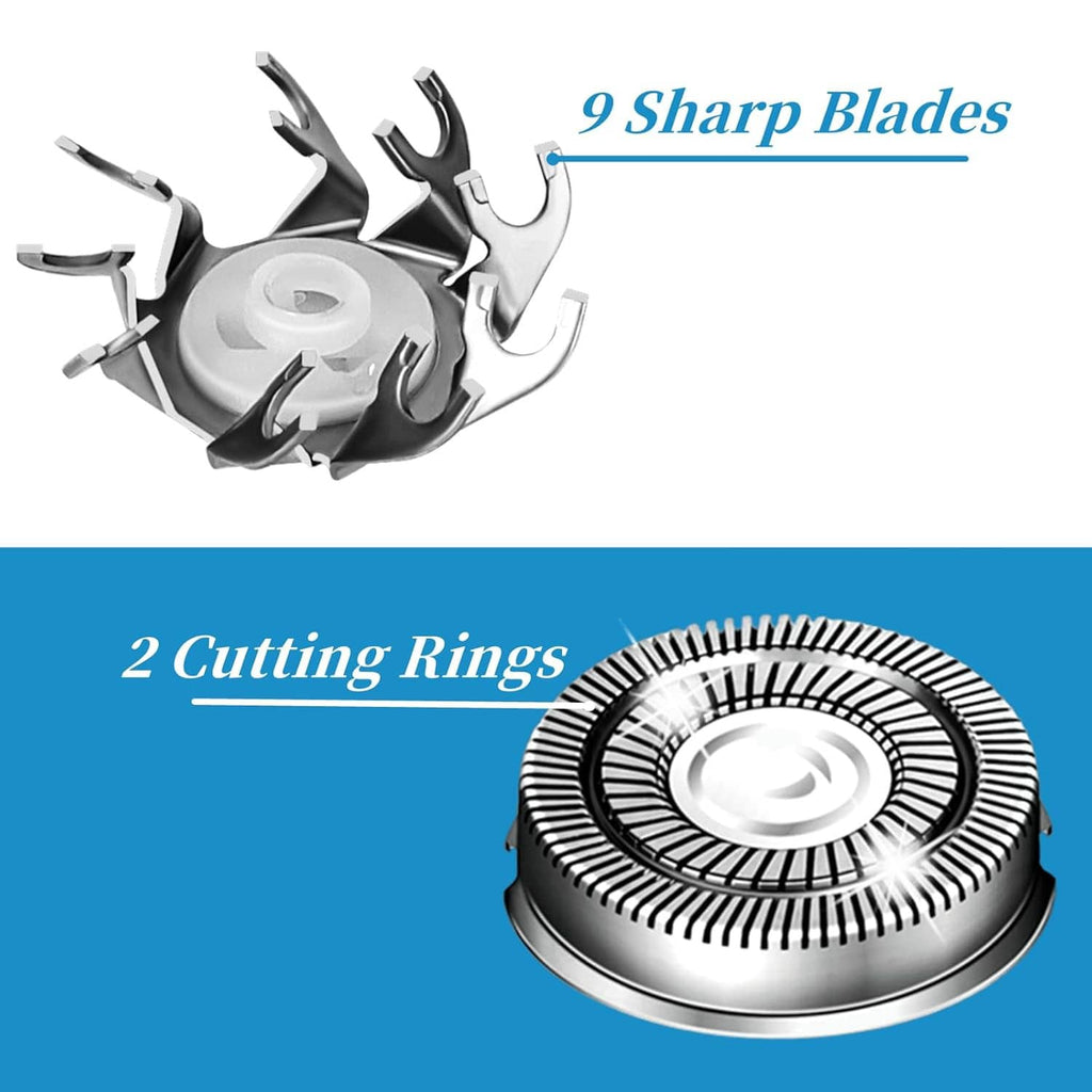 Replacement shaver head with dual cutting rings and multiple sharp blade segments