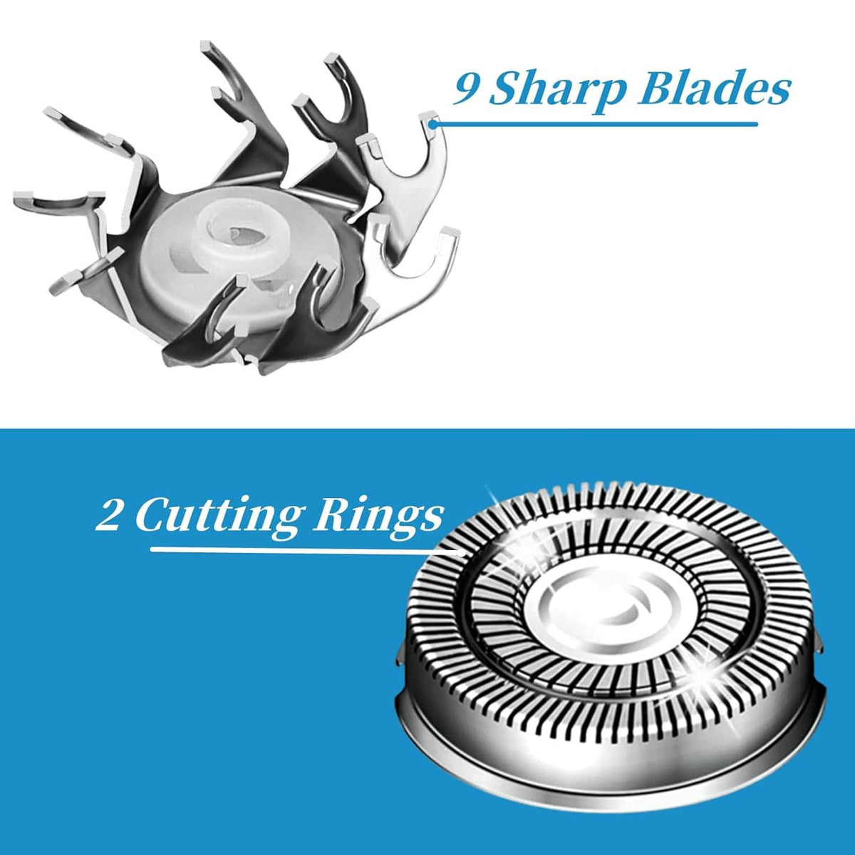 Replacement shaver head with dual cutting rings and multiple sharp blade segments