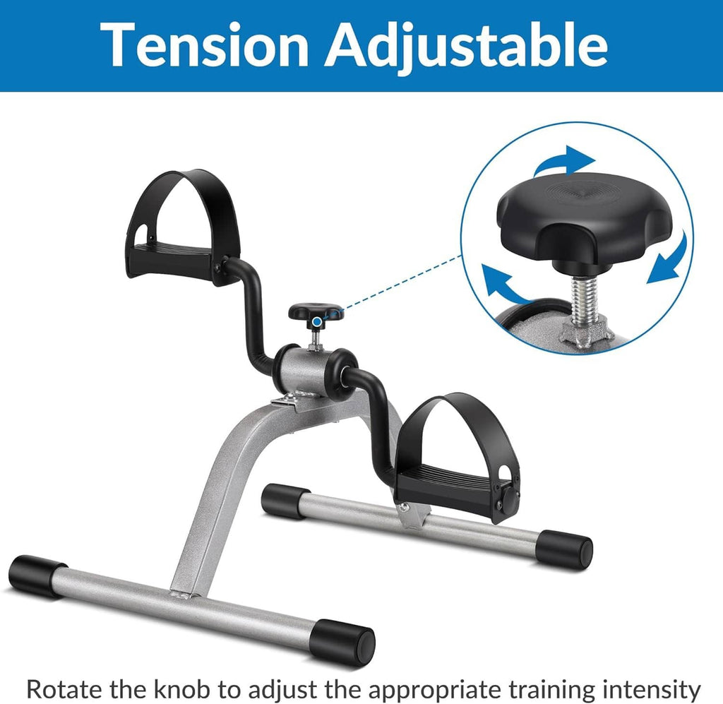 Mini exercise pedal bike with tension adjustment knob on the seat post