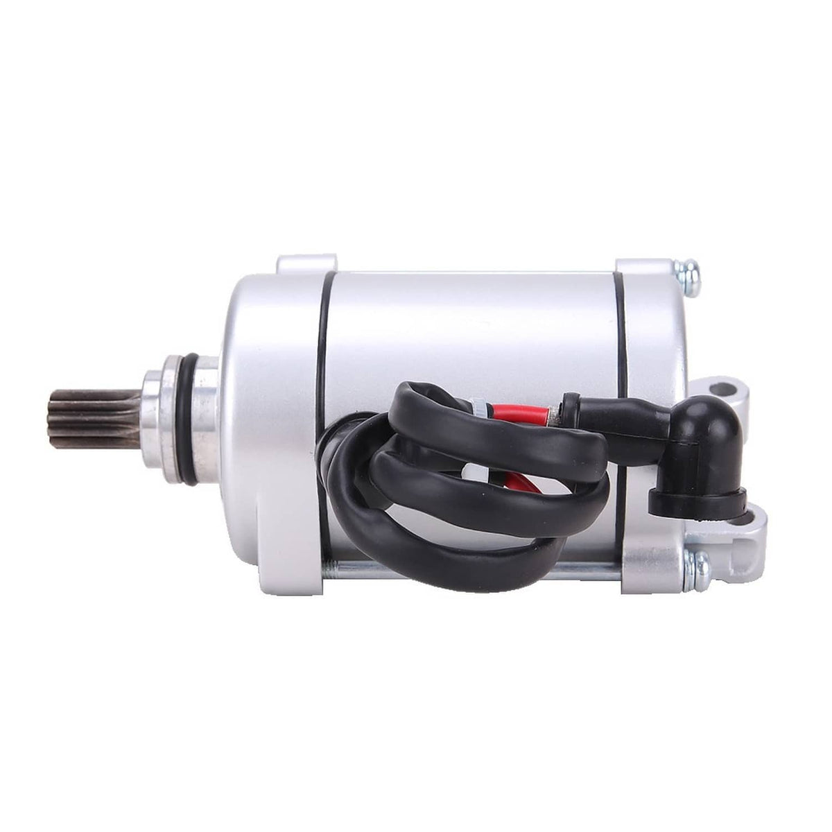 Starter motor with visible shaft and black cable bundle, silver housing, angled view