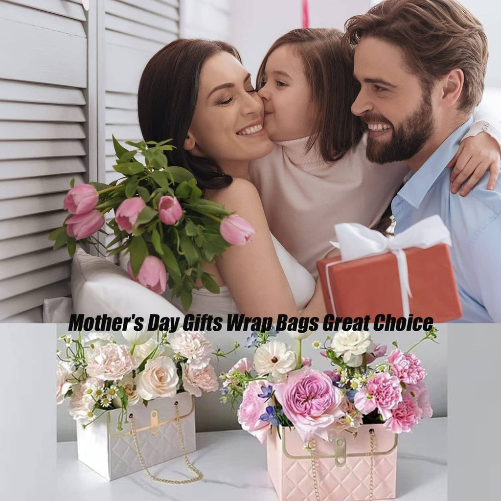Paper bouquet bags set with quilt pattern, gold chain handles, and front clasp
