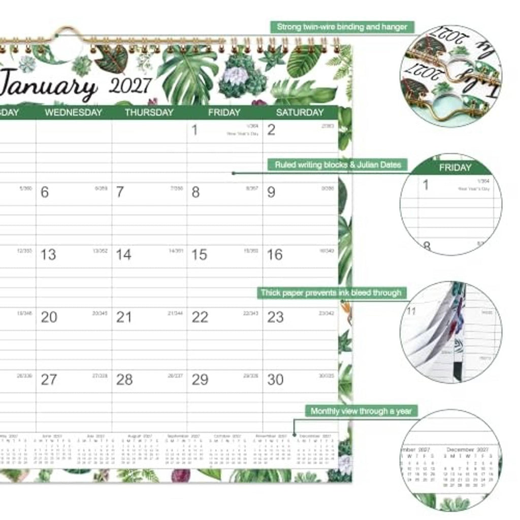 Wall calendar January 2027 with spiral binding; inset views show paper and binding details
