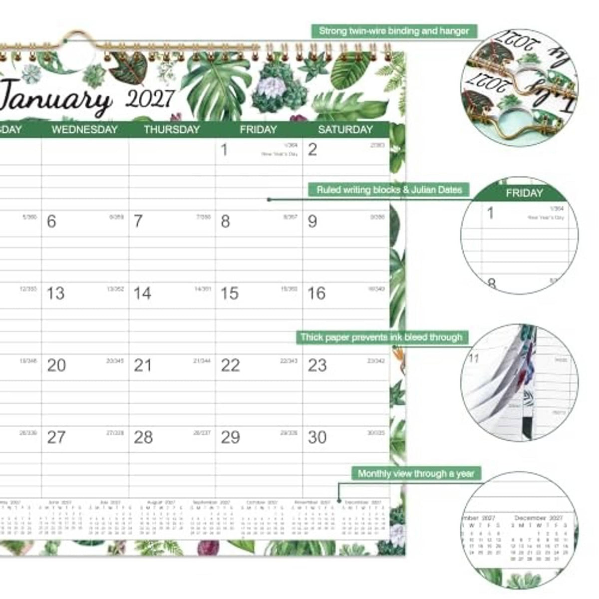 Wall calendar January 2027 with spiral binding; inset views show paper and binding details