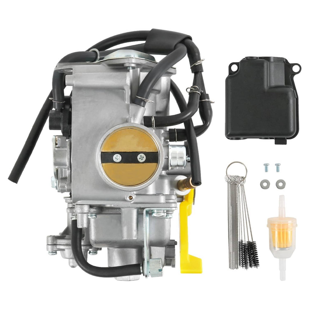 ATV carburetor assembly with throttle body, black hoses, and electrical connector