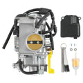 ATV carburetor assembly with throttle body, black hoses, and electrical connector