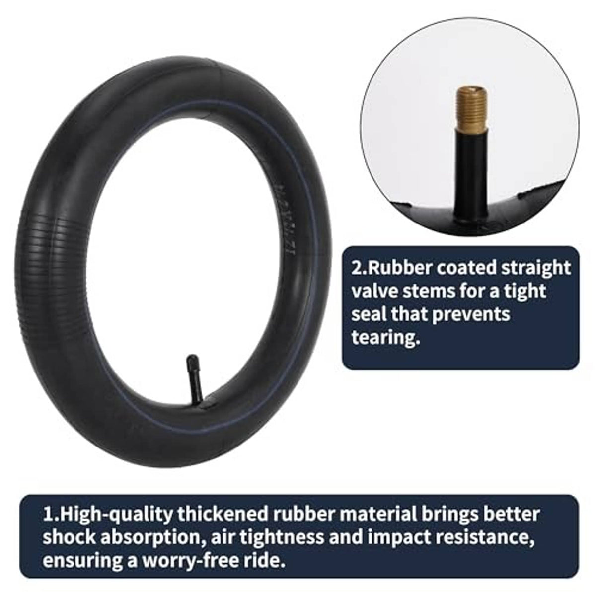 Black 12.5x2.25 bike inner tubes with rubber-coated straight valve stems, 2-pack
