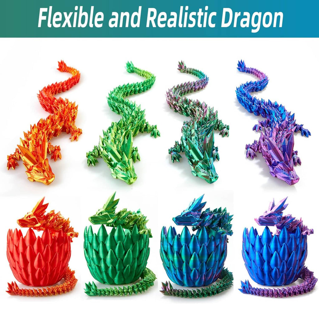 Row of colorful dragon egg figurines with faceted scales and crystal spiked bases
