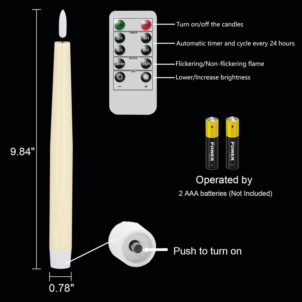 Ivory flameless taper candle with remote timer and size diagram