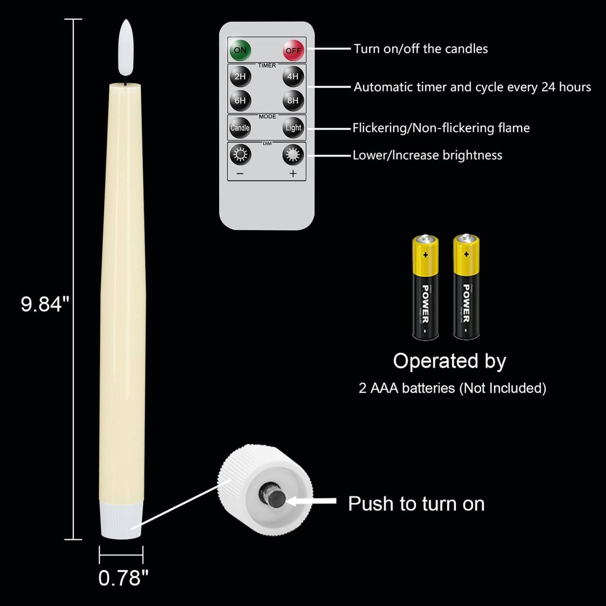 Ivory flameless taper candle with remote timer and size diagram