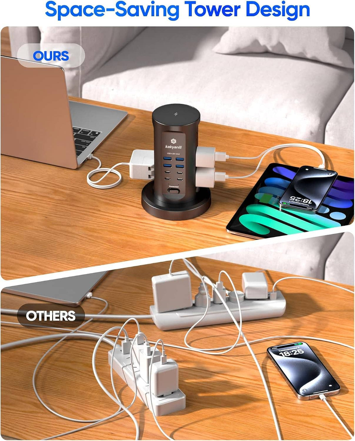 Power strip tower on desk with connected devices and multiple charging ports