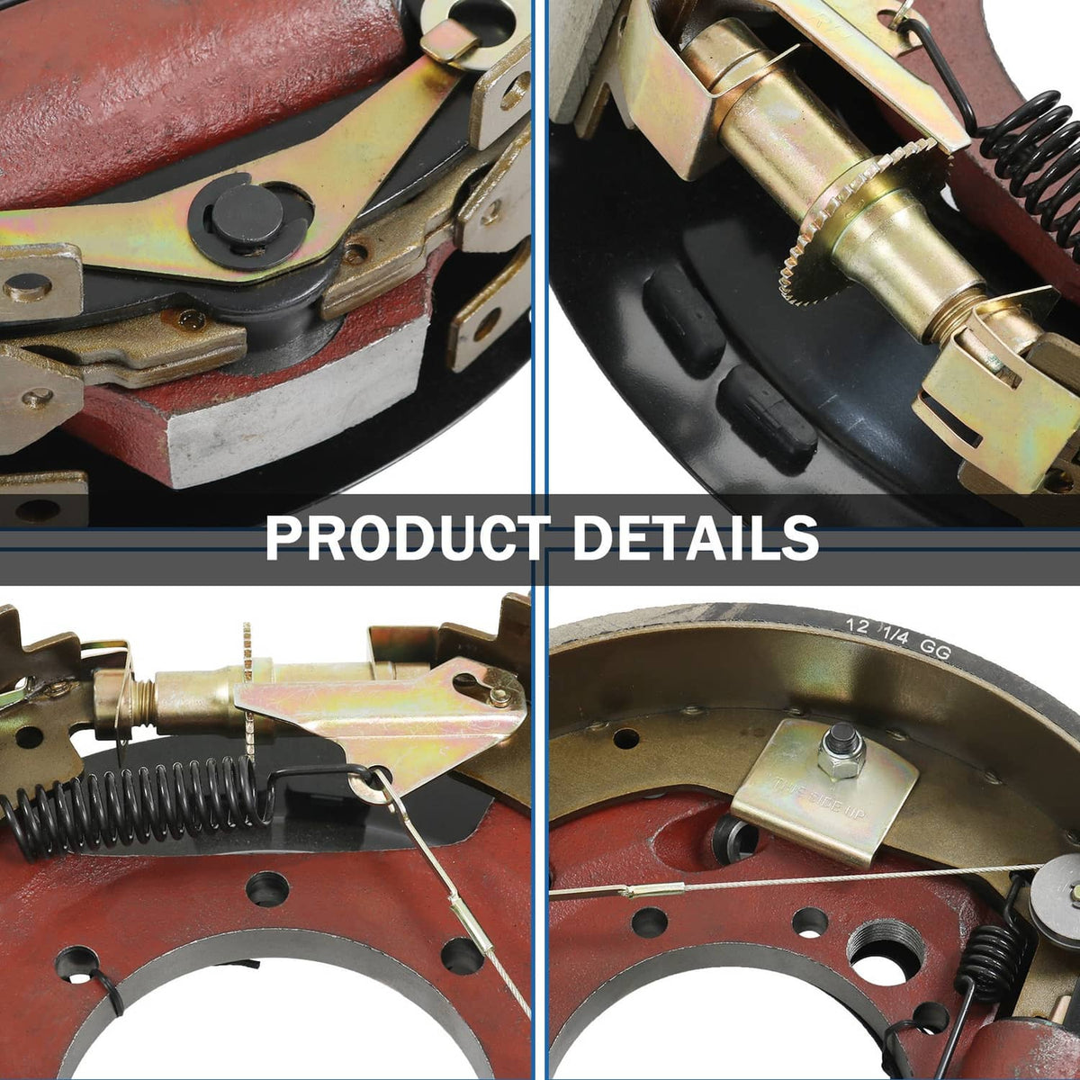 Hydraulic trailer brake assembly close-up of springs, levers, and brass actuator parts