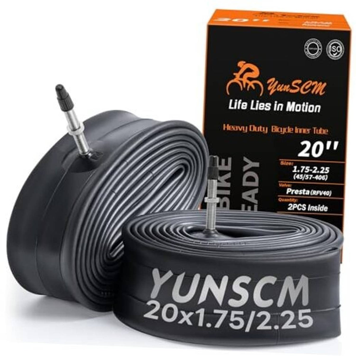 Pair of black 20-inch bike inner tubes with Presta valve, rolled and ready to install