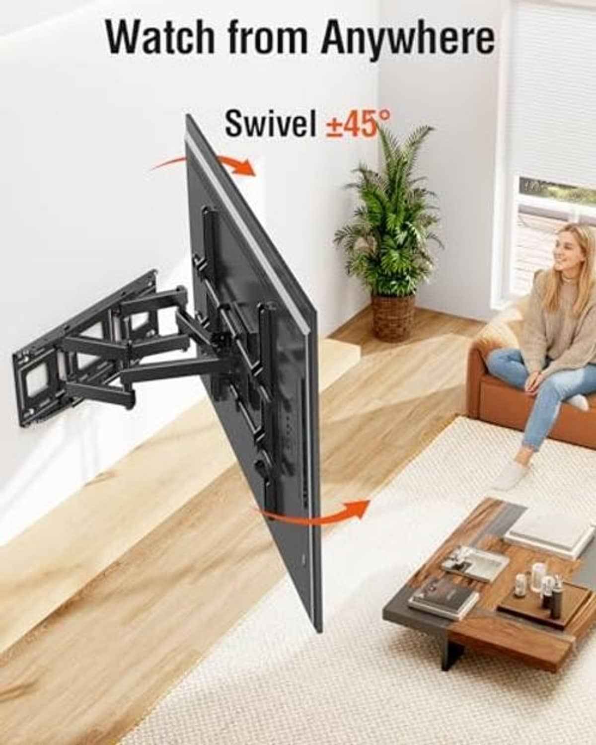 Black TV wall mount on a wall with swivel and tilt arms for wide viewing angles