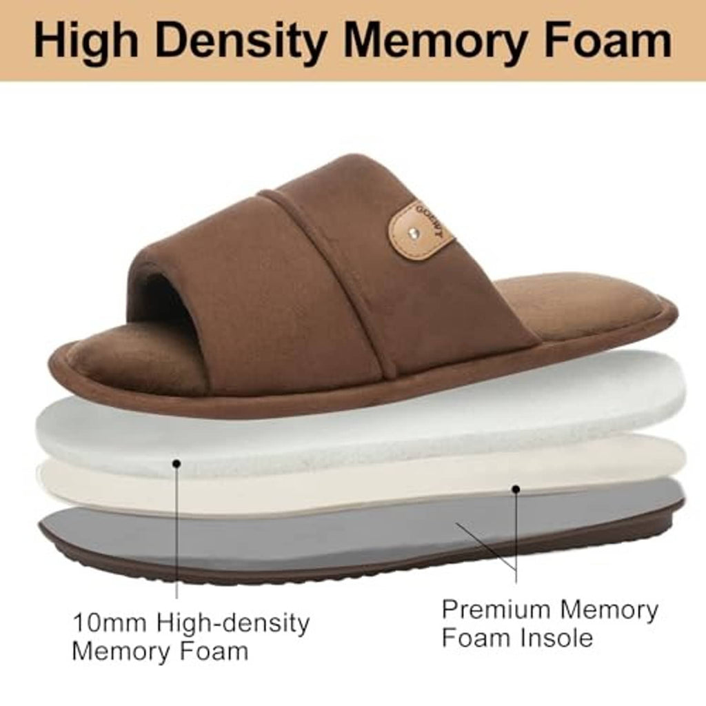 Coffee-brown men's open-toe slippers with memory foam insole and layered comfort sole