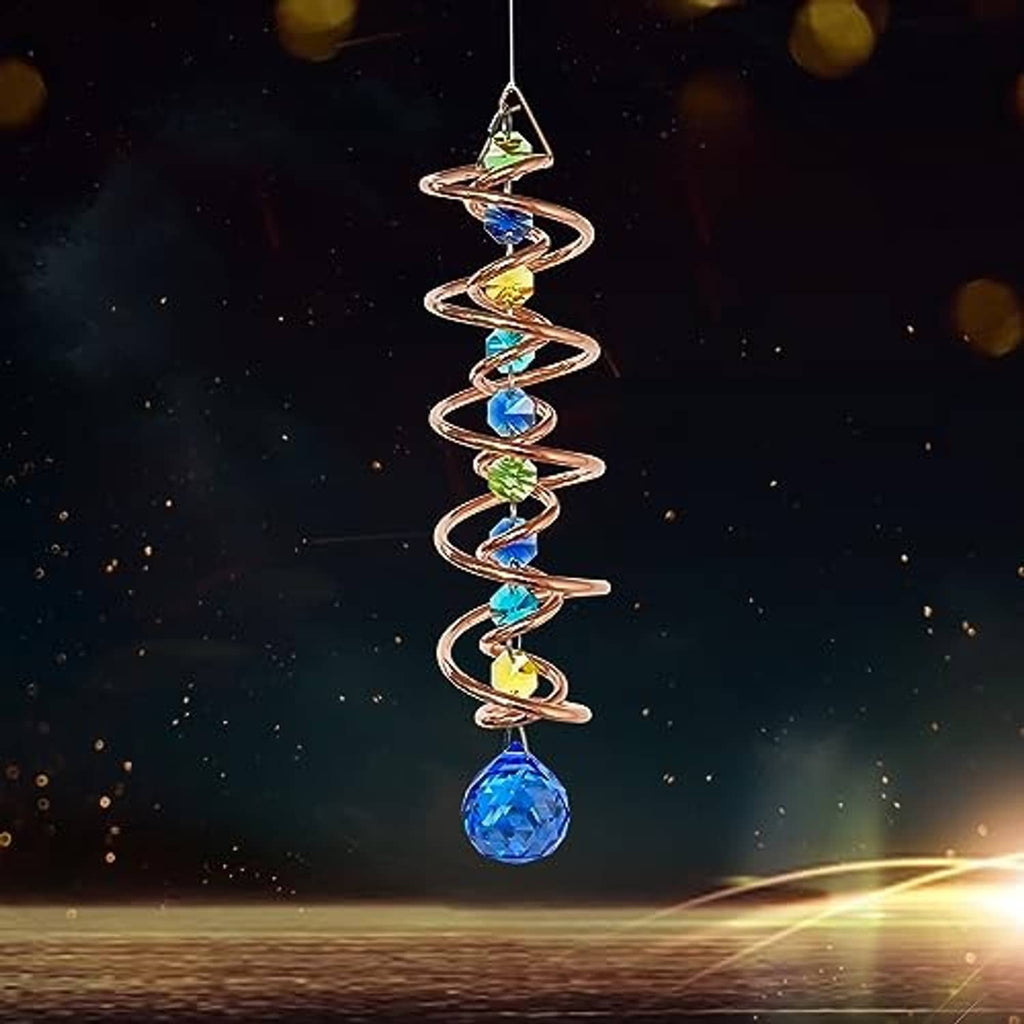 Hanging blue-copper spiral wind spinner with blue crystal drop and multicolor glass loops
