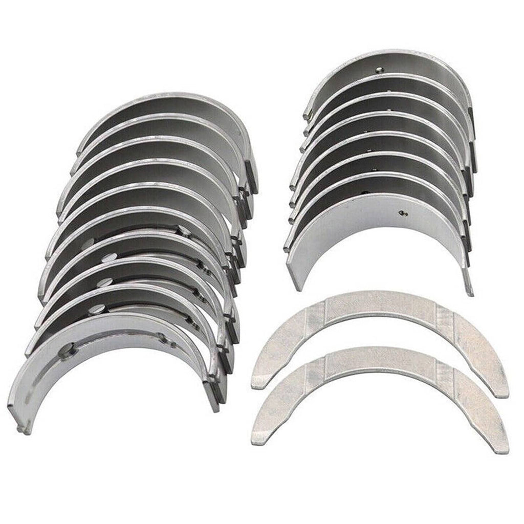 Main and rod bearing kit with two stacked sets of silver bearing shells and two gray shells