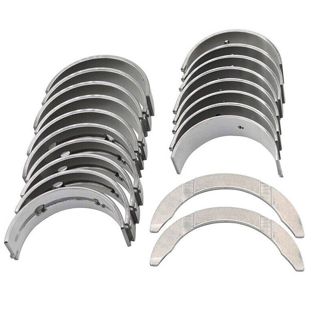 Main and rod bearing kit with two stacked sets of silver bearing shells and two gray shells