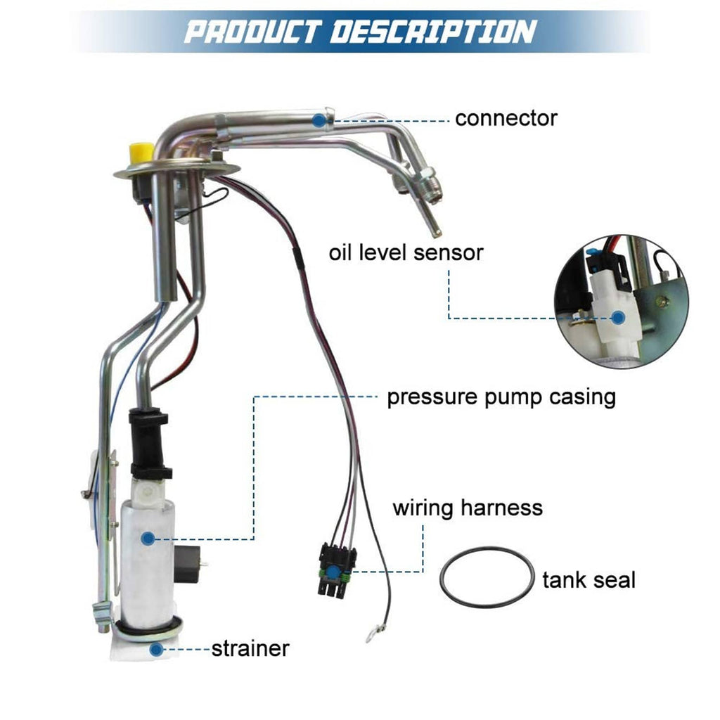 Fuel pump module assembly with connector, oil level sensor, wiring harness, pressure pump casing