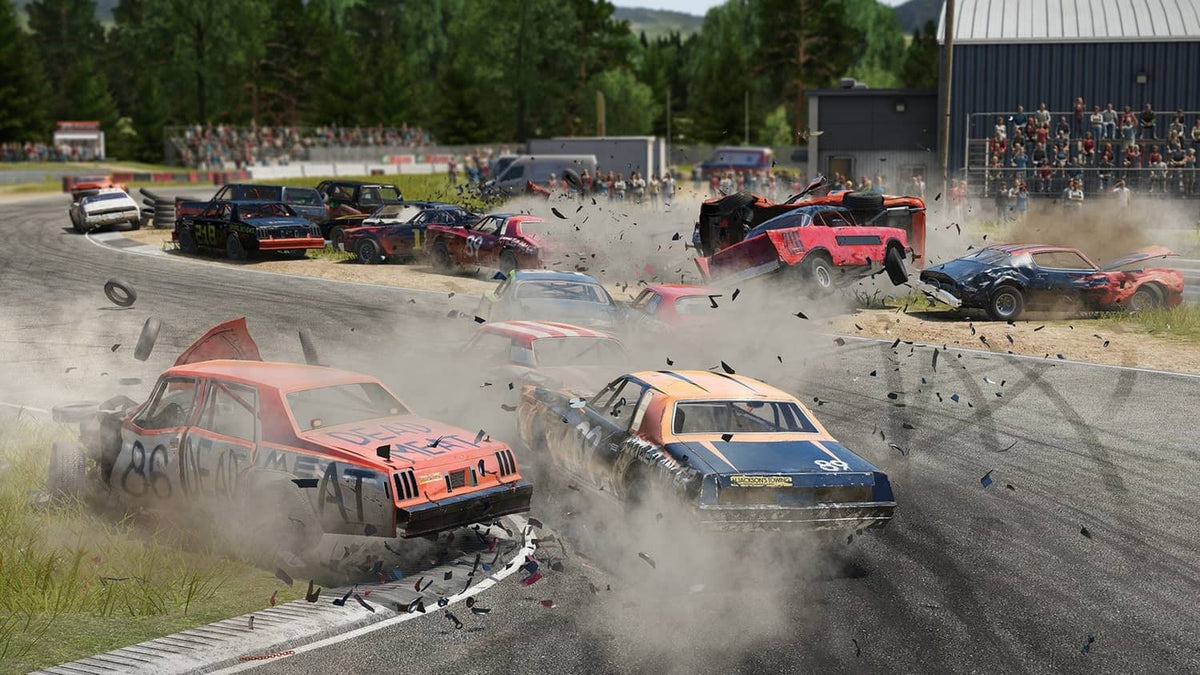 Demolition derby racing scene with multiple wrecked cars, heavy dust and debris