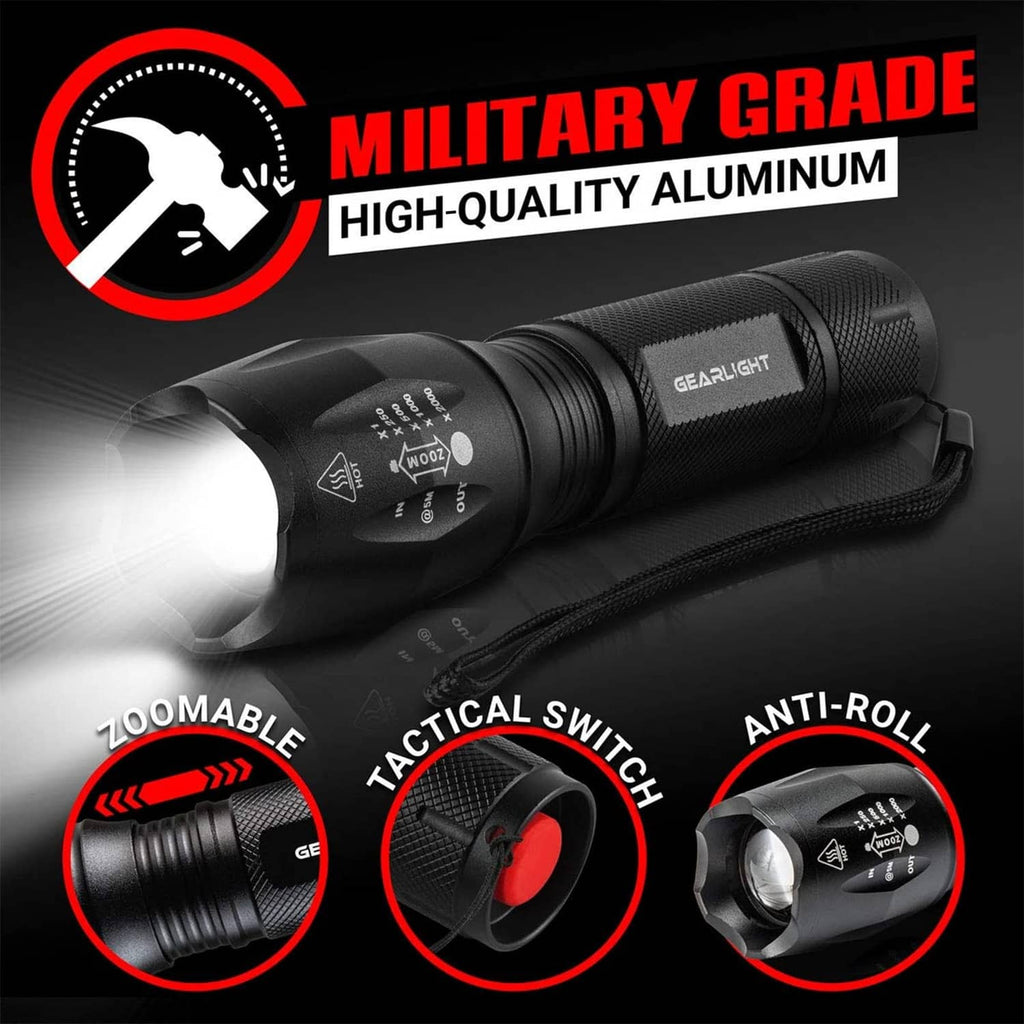 GearLight LED tactical flashlight, black knurled grip, lanyard strap, control dial