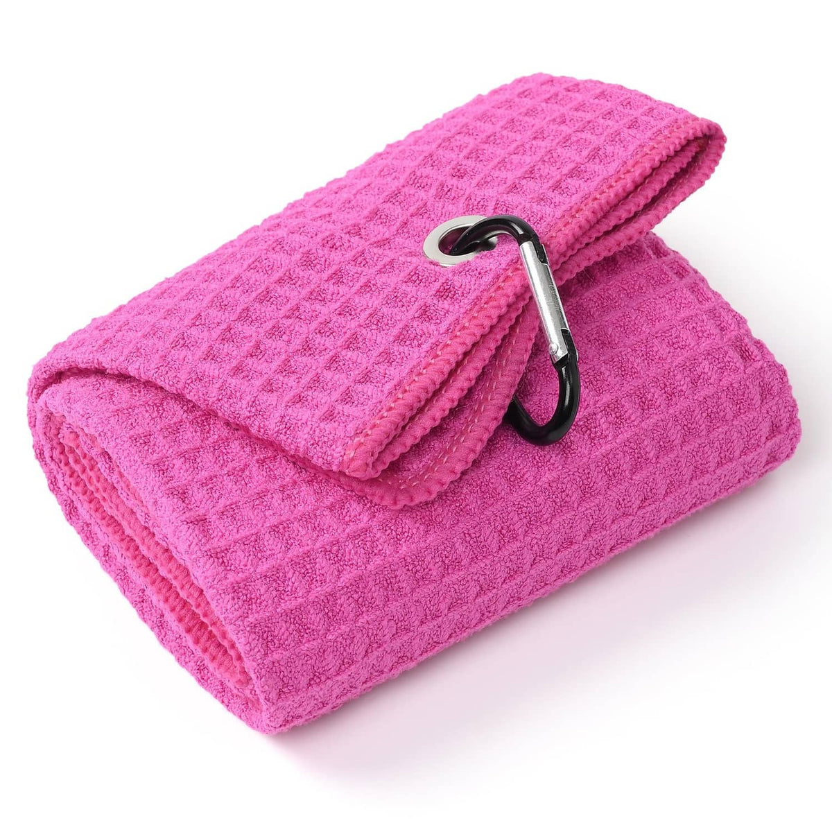 Vivid magenta waffle-weave microfiber towel with black carabiner clip, folded