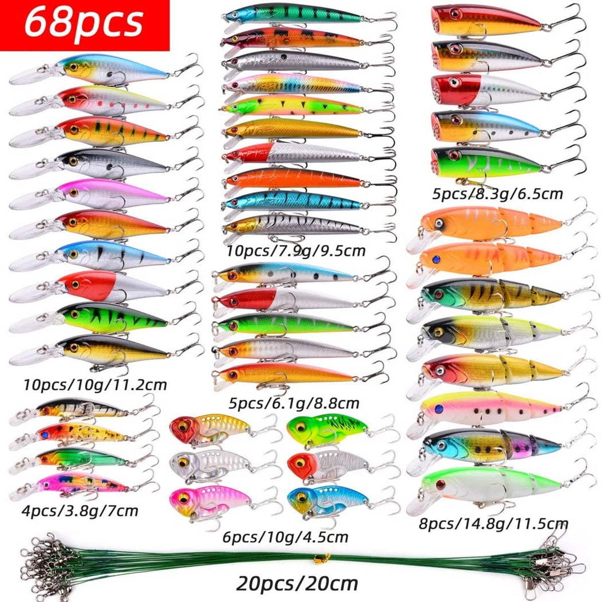 68-piece assorted fishing lure set, mixed colors, with treble hooks