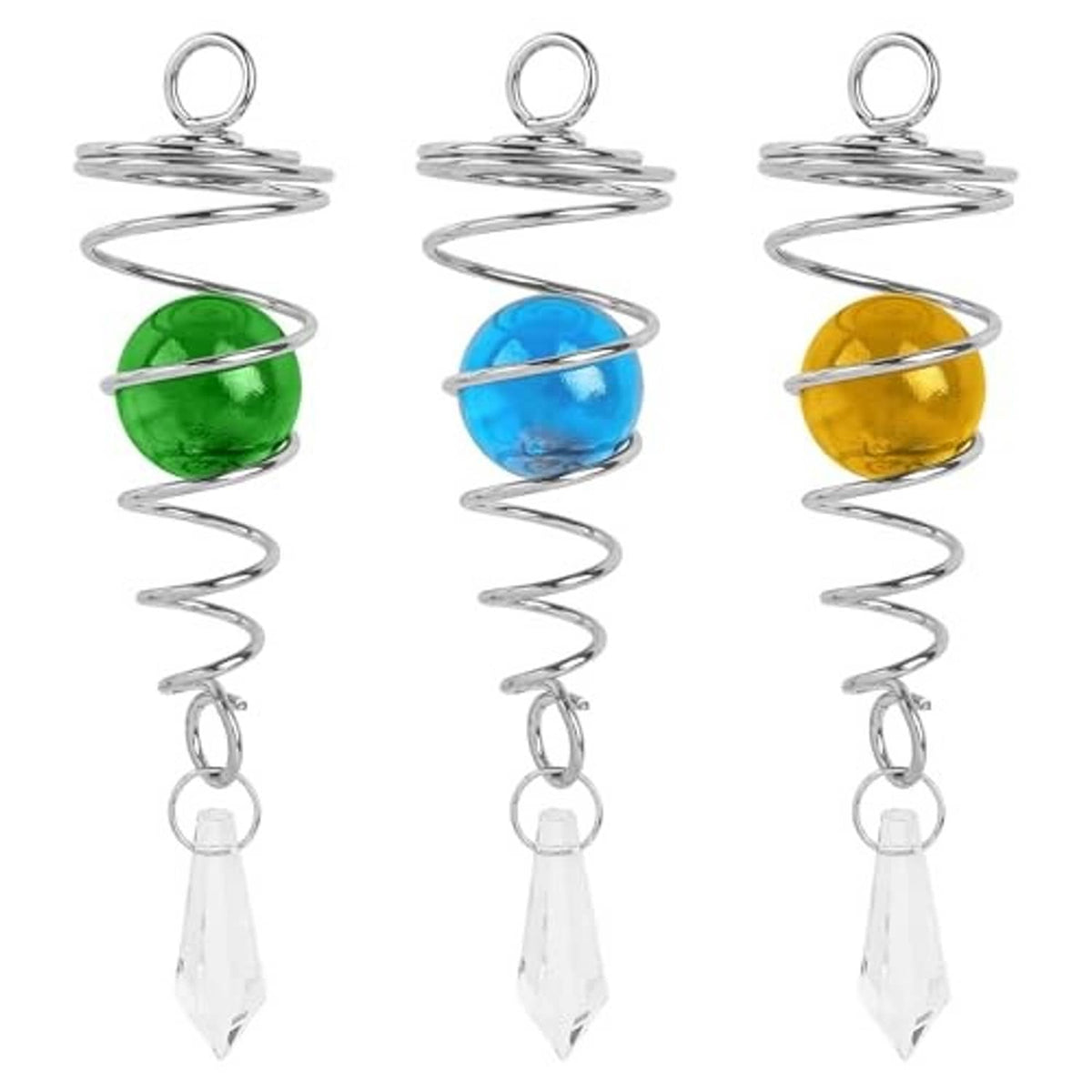 3-pack gazing ball wind spinners with green, blue, yellow glass balls and dangling crystals