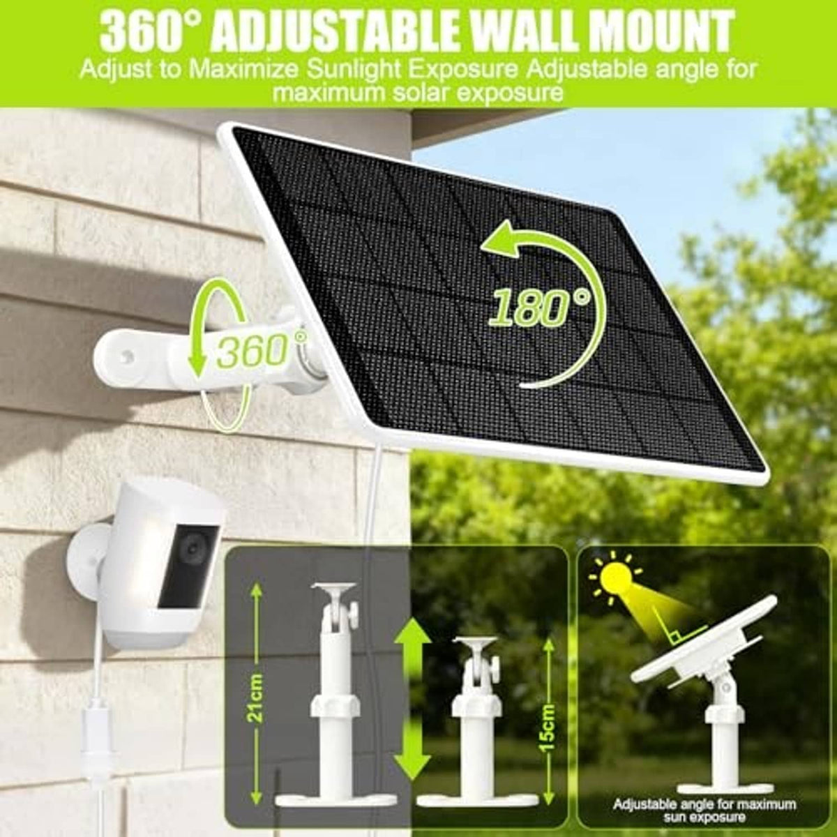Adjustable wall mount solar panel kit with bracket and white camera housing