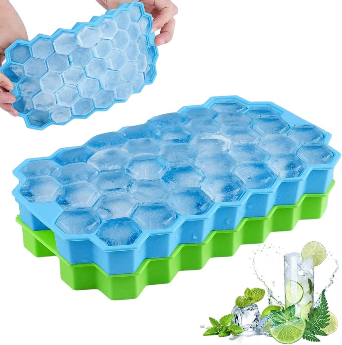 Honeycomb silicone ice cube tray with lid, blue and green base, hex ice molds