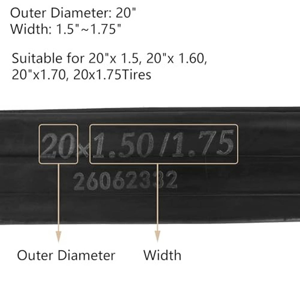 Bike inner tube size diagram: 20-inch outer diameter and 1.5–1.75 width