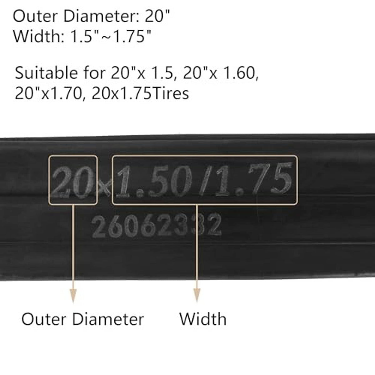 Bike inner tube size diagram: 20-inch outer diameter and 1.5–1.75 width