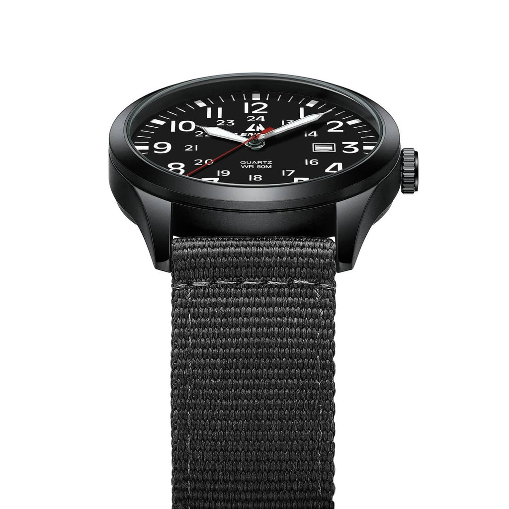 Black round watch with black dial and black woven nylon strap, front view