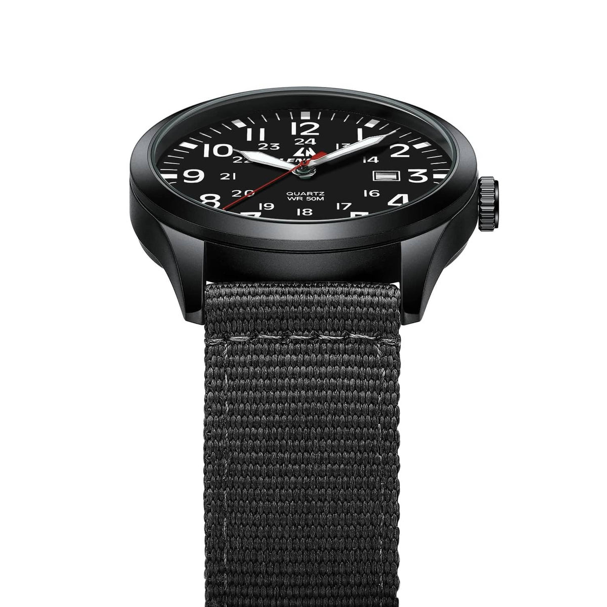 Black round watch with black dial and black woven nylon strap, front view