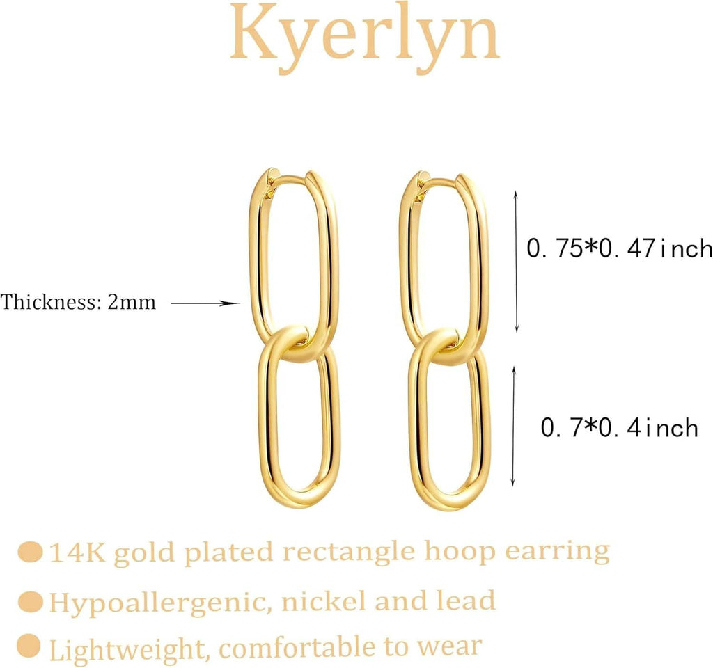 Gold paperclip-style rectangle hoop earring pair, size and thickness diagram