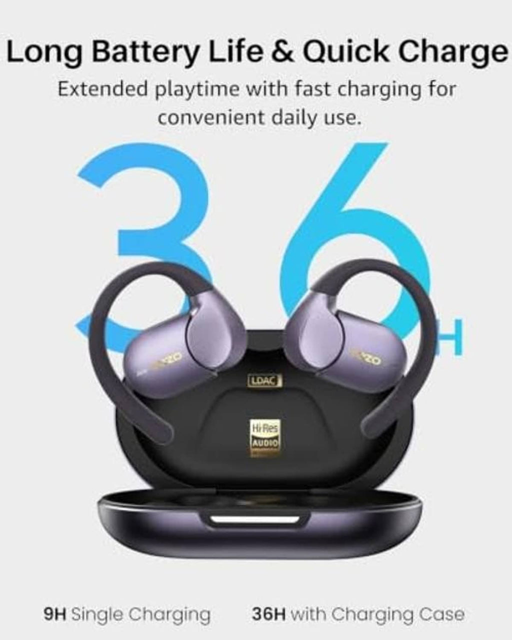Titanium black open-ear earbuds with charging case, earbuds docked in cradle