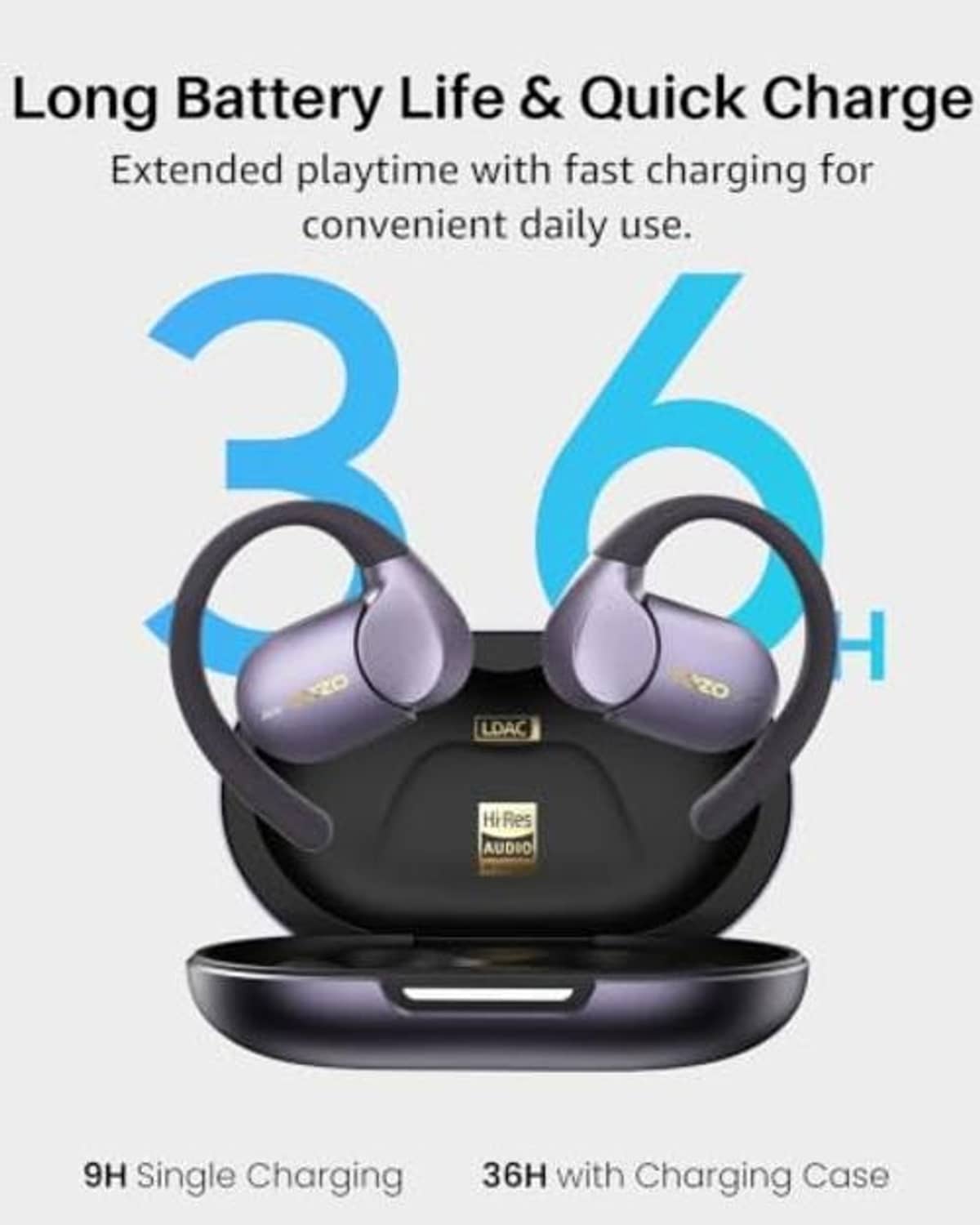 Titanium black open-ear earbuds with charging case, earbuds docked in cradle