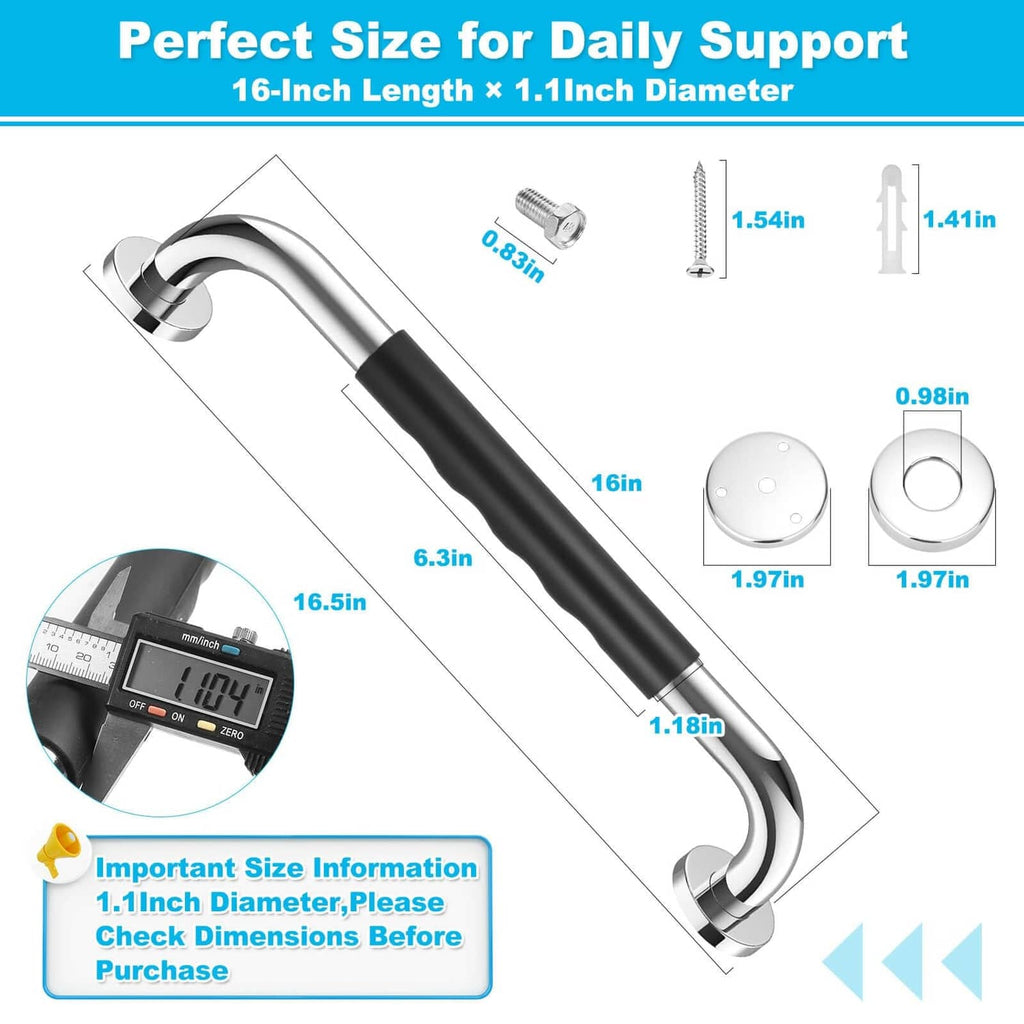 16-inch grab bar set with black non-slip handle and chrome curved mounting plates