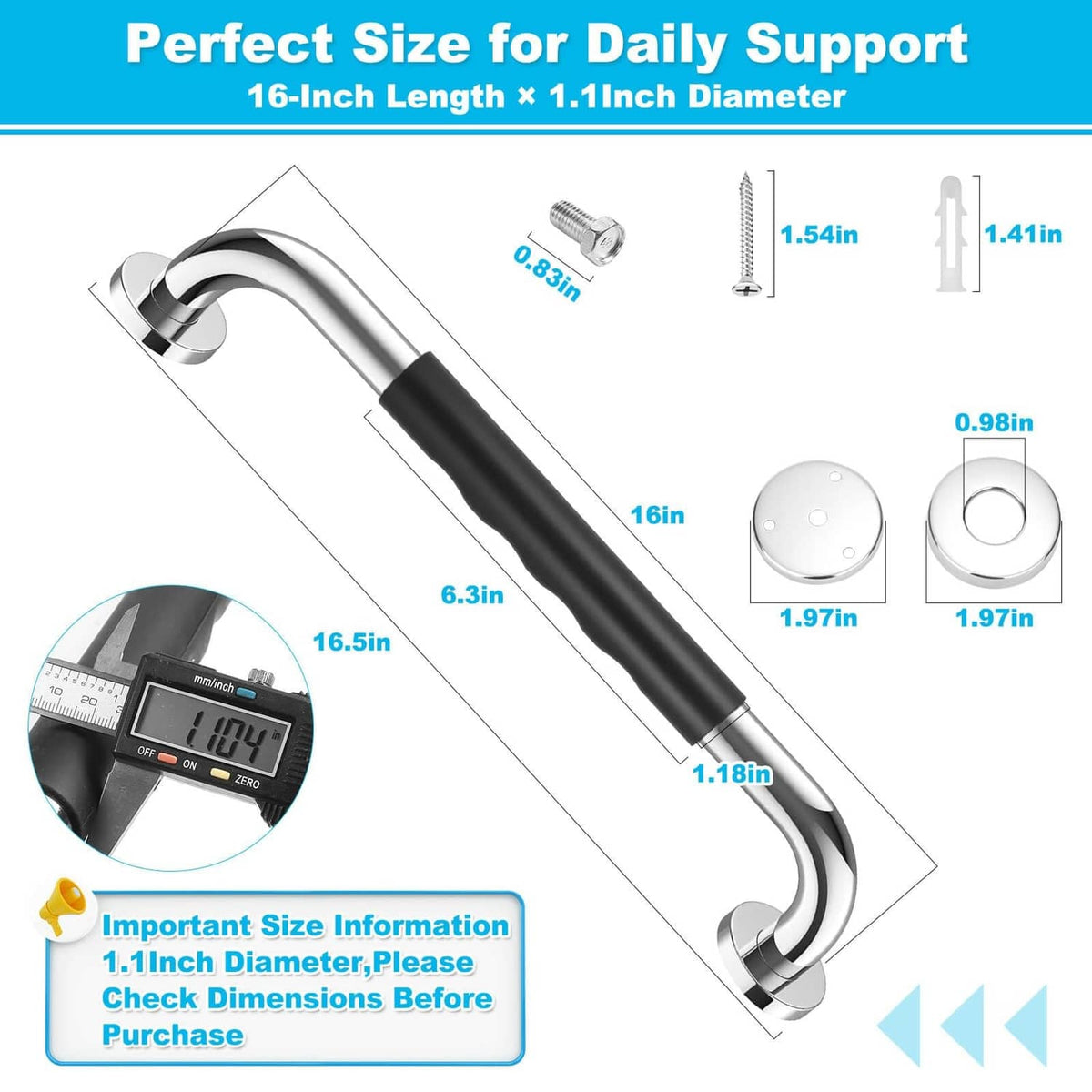 16-inch grab bar set with black non-slip handle and chrome curved mounting plates